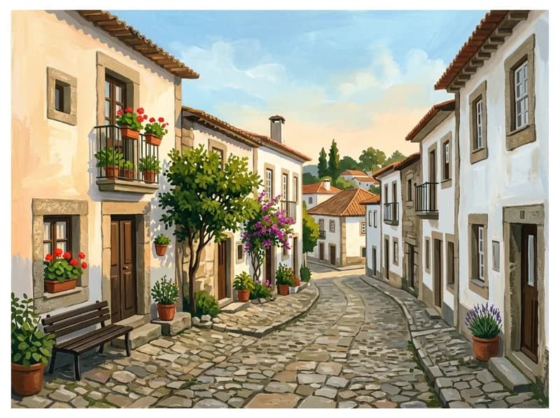 Rua de granito pintada em Azurém, Guimarães, numa manhã de sol