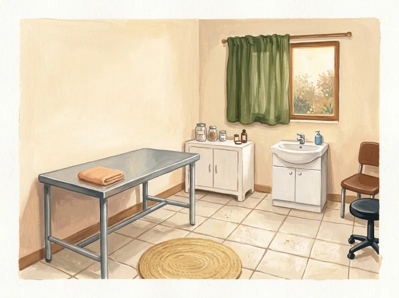 Consultório pintado com uma mesa de observação e uma janela