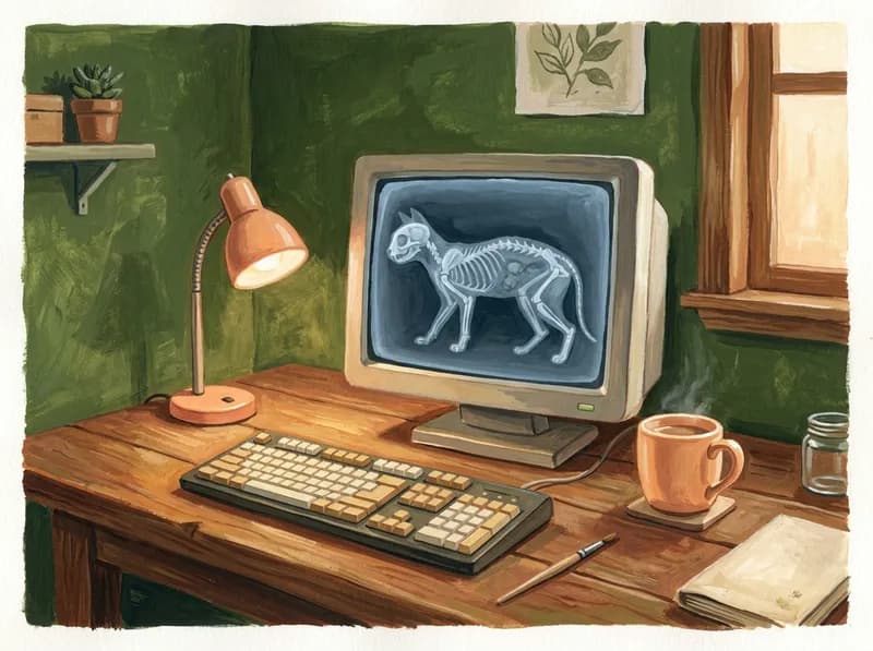 Ecrã de raio X digital pintado com o esqueleto de um pequeno animal