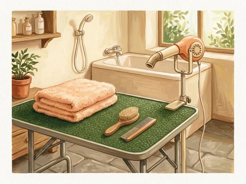 Mesa de tosquia pintada com uma toalha, escovas e um secador