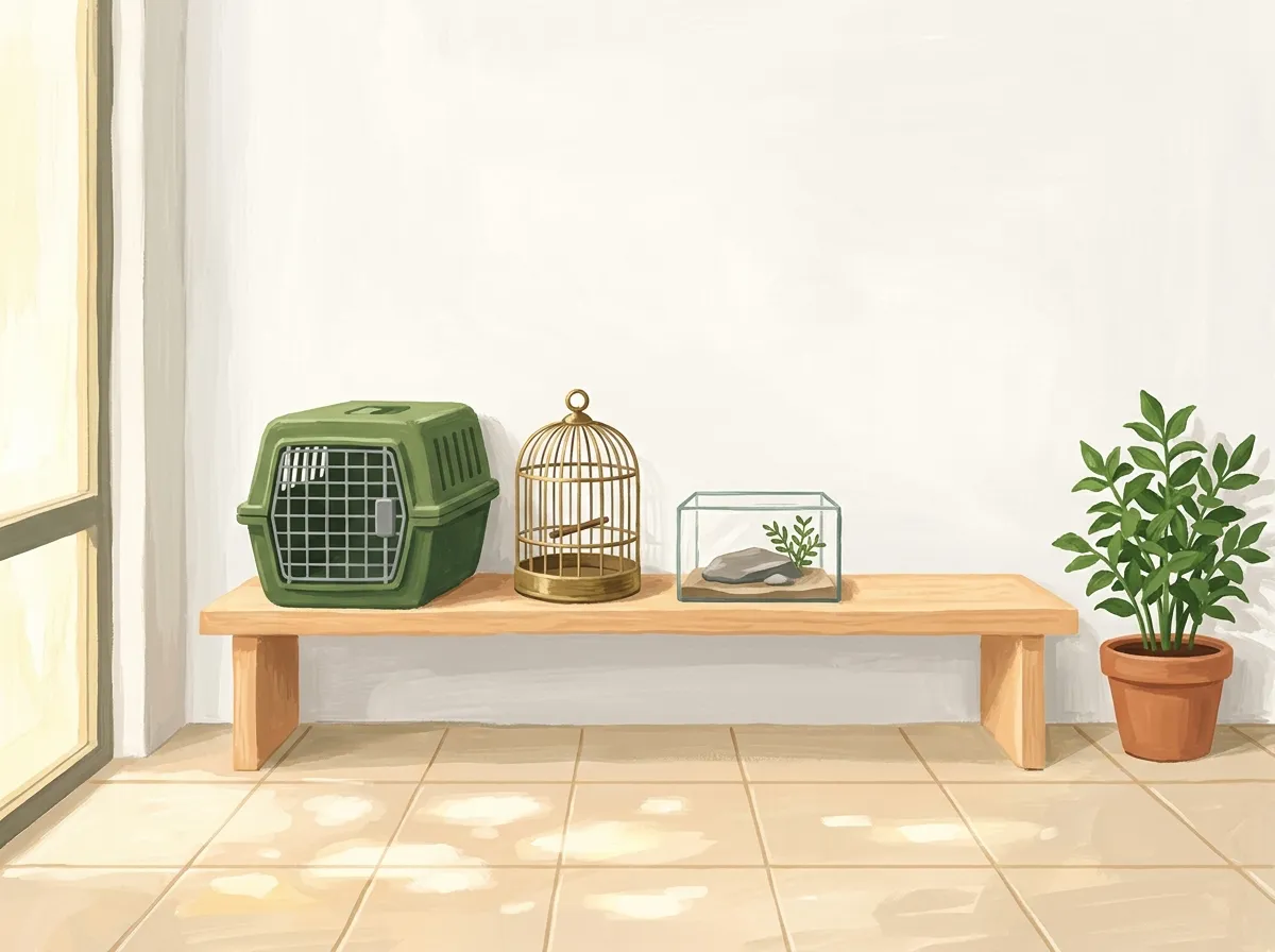 Sala de espera pintada de uma pequena clínica veterinária com uma transportadora de gato, uma gaiola e um terrário num banco de madeira