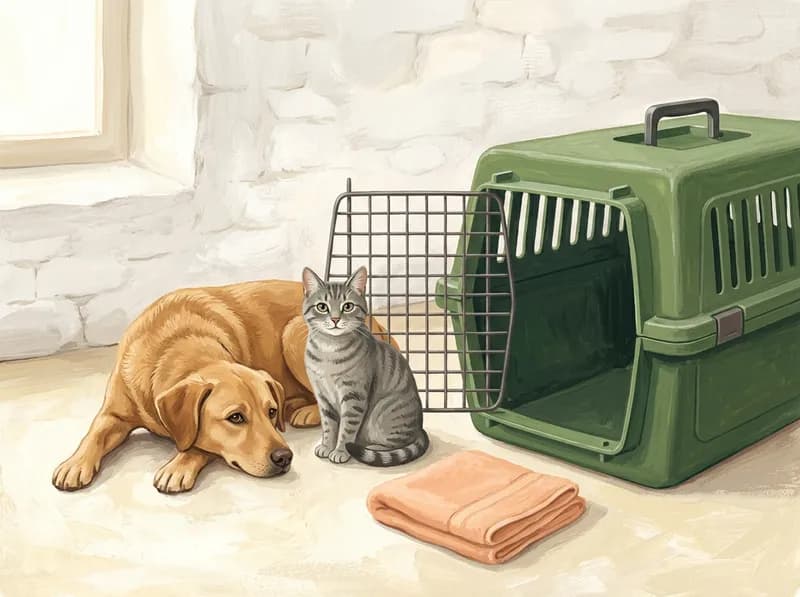 Cena pintada de um cão e um gato a descansar ao lado de uma transportadora no chão de uma clínica